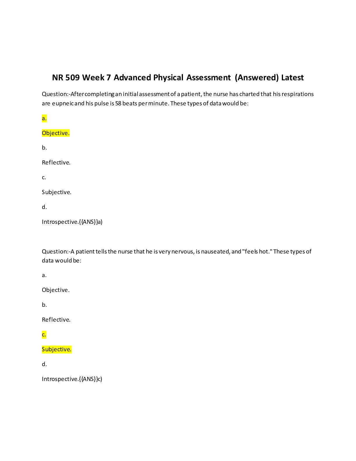 Preview image of NR 509 Week 7 Assignment Physical Exam document